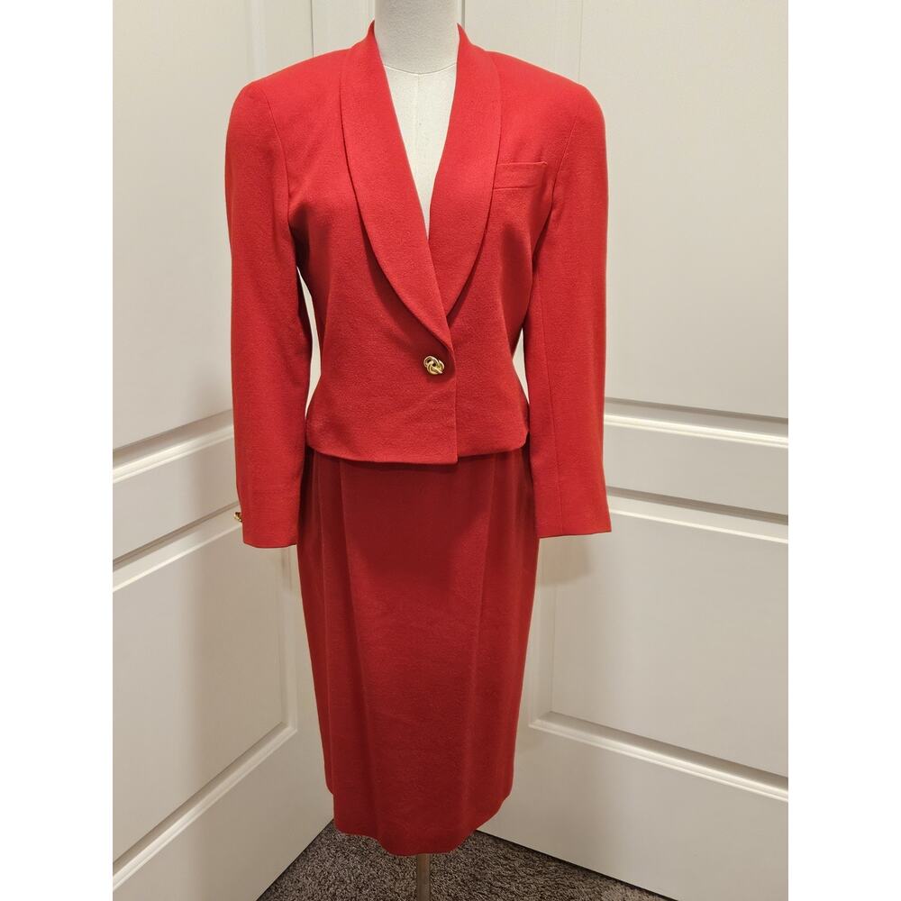 80s Vintage Ian Ross Int'l 2 pc Wool Skirt Suit Sz 6p Crop Blazer Jacket Red